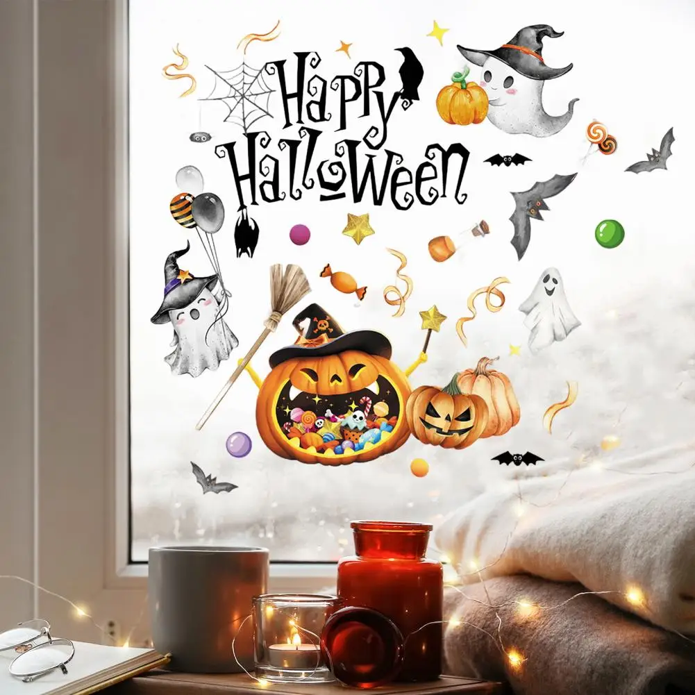 Vibrant Color Window Clings Spooky Halloween Window Clings Pumpkin Ghost Bat Decorations for Home Office Classroom Cute Skeleton