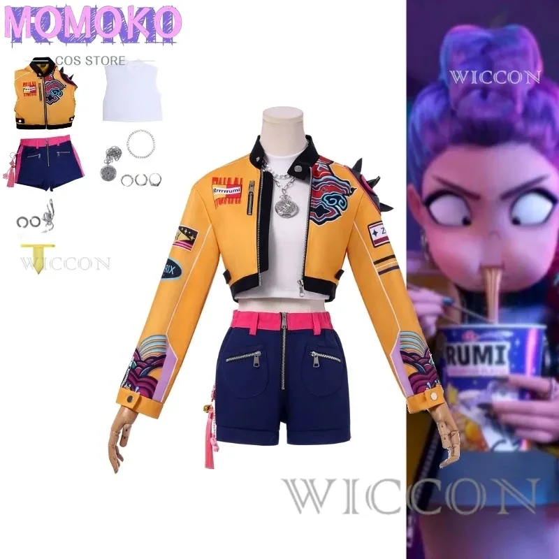 زيزي 2025 KPop شيطان الصيادين فيلم رومي تأثيري الشعر الأرجواني الطويل سترة برتقالية وسروال قصير رائع زي مع ملون