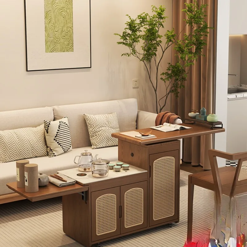 

Dongmu mobile tea table household cart solid wood multi-functional cabinet new Chinese table rock slab