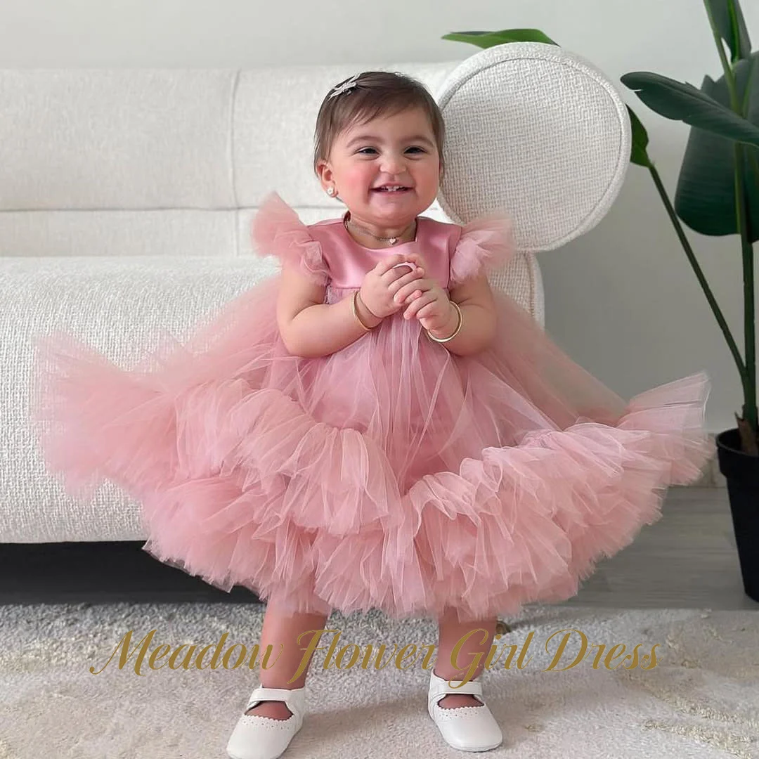 

Meadow Dusty Pink Children Birthday Wedding Dresses Round Neckline First Communion Gown Ruffled Sleeves Girls Princess Dress