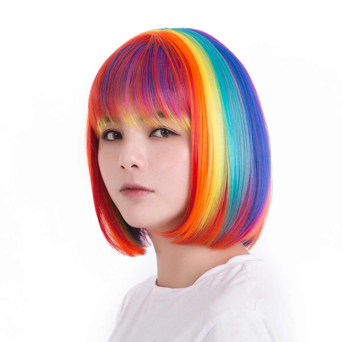 Navidad Halloween fiesta de vacaciones Rainbow Bobo cosplay peluca de pelo sintético corto y recto