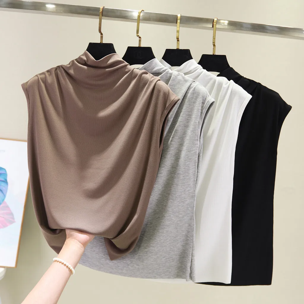 Casual Cotton Sleeveless Turtleneck Tunic Top for Women