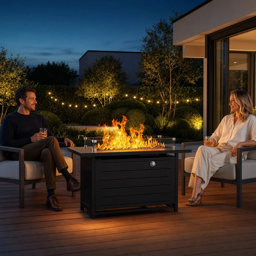 42 Inch Rectangular Propane Fire Pit Table, 60,000 BTU Outdoor Gas Fire Pit with Glass Wind Guard, Steel Lid & Lava Rocks, 2‑in‑1 Fire Table for Patio Deck Garden Party