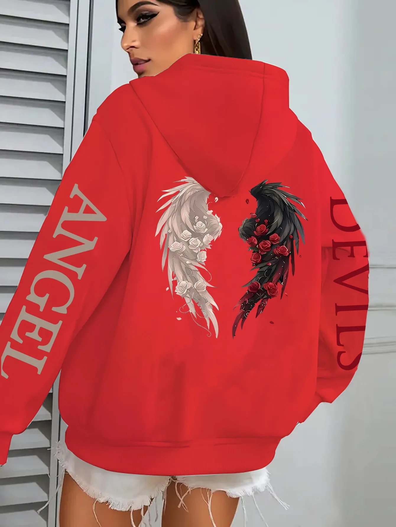 Women's Hoodie Jacket - Dark Green with Angel/Devil Contrast Print, Zipper Front Closure & Side Pockets - Warm Polyester Outerwe