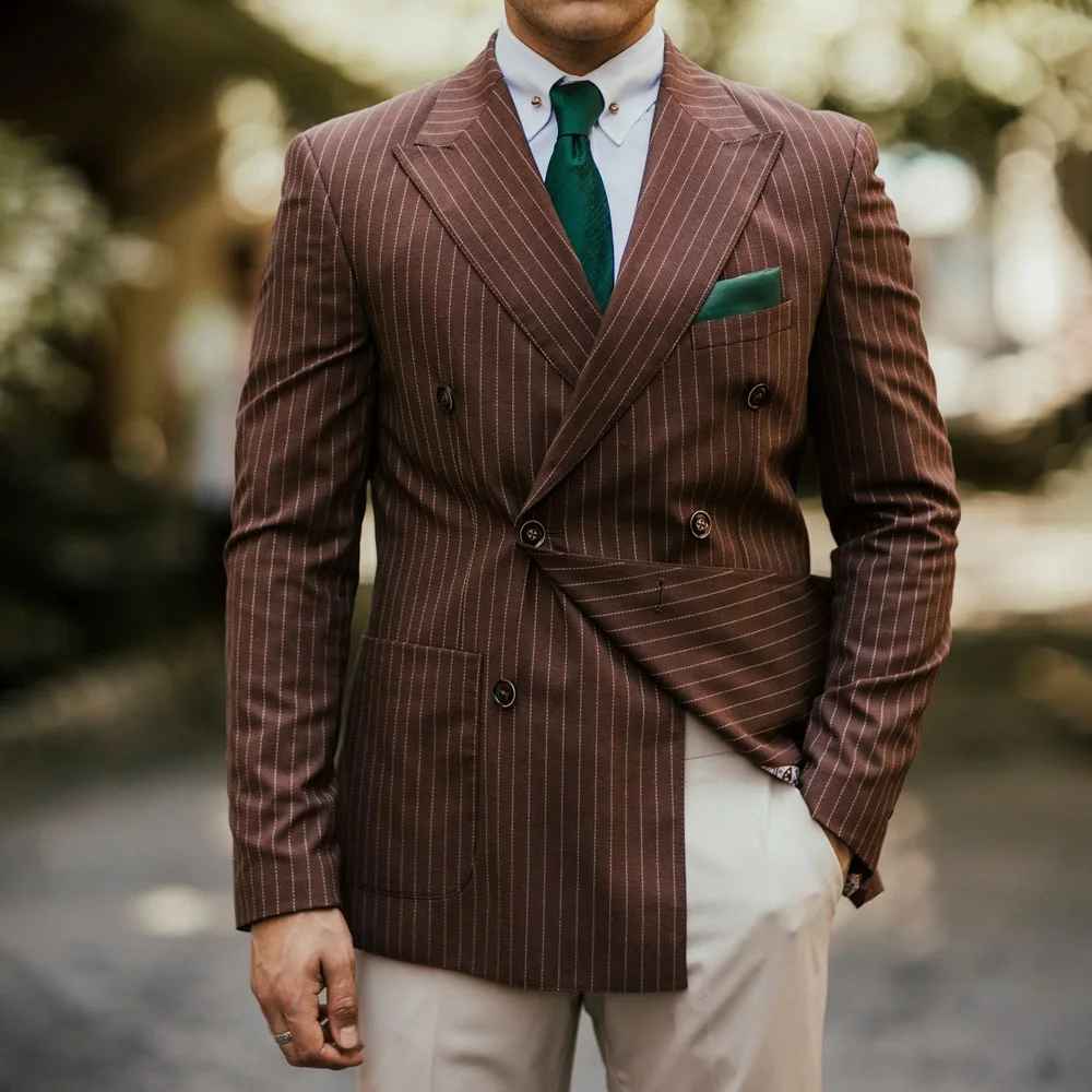 

Casual Suit Jackets for Man Striped Fabric Business Attire Double-breasted Peaked Lapels Urban Blazers Fashion Men's Social Coat