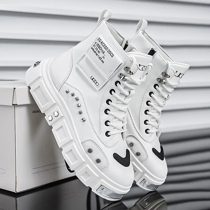 Men's leather thick soled high top 2026 new height increasing trend motorcycle boots outdoor sports shoes comfortable sneakers