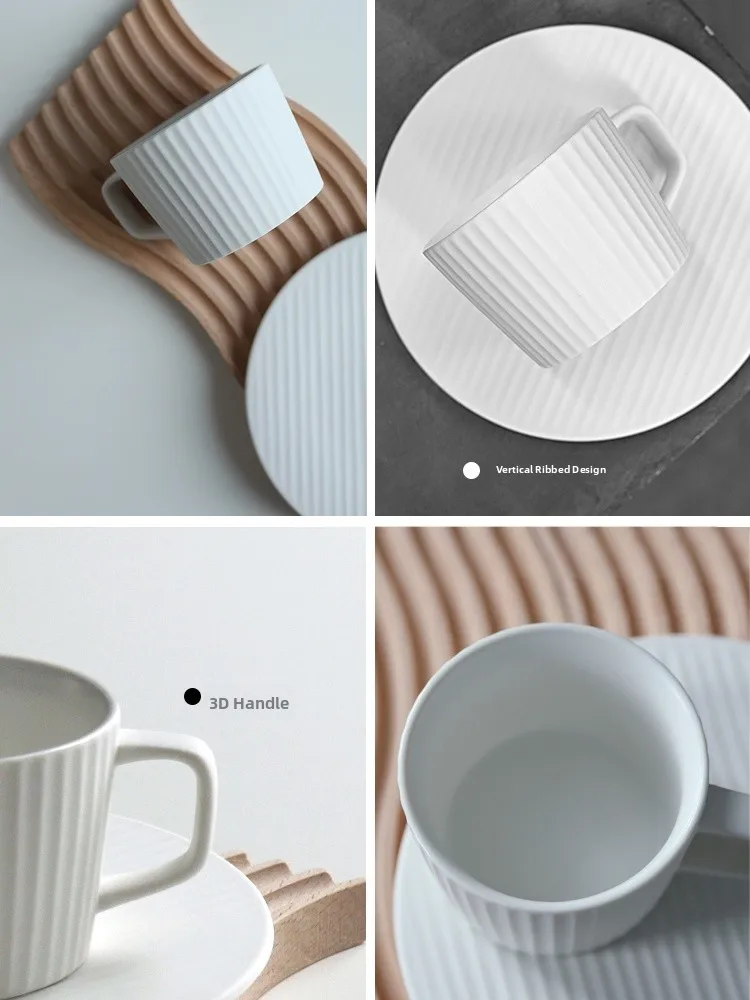 日本製sleハンドメイドcercコーヒーカップセット、プレート付き縦縞ティーカップ、シンプルイン風マークカップ200ml、家庭用