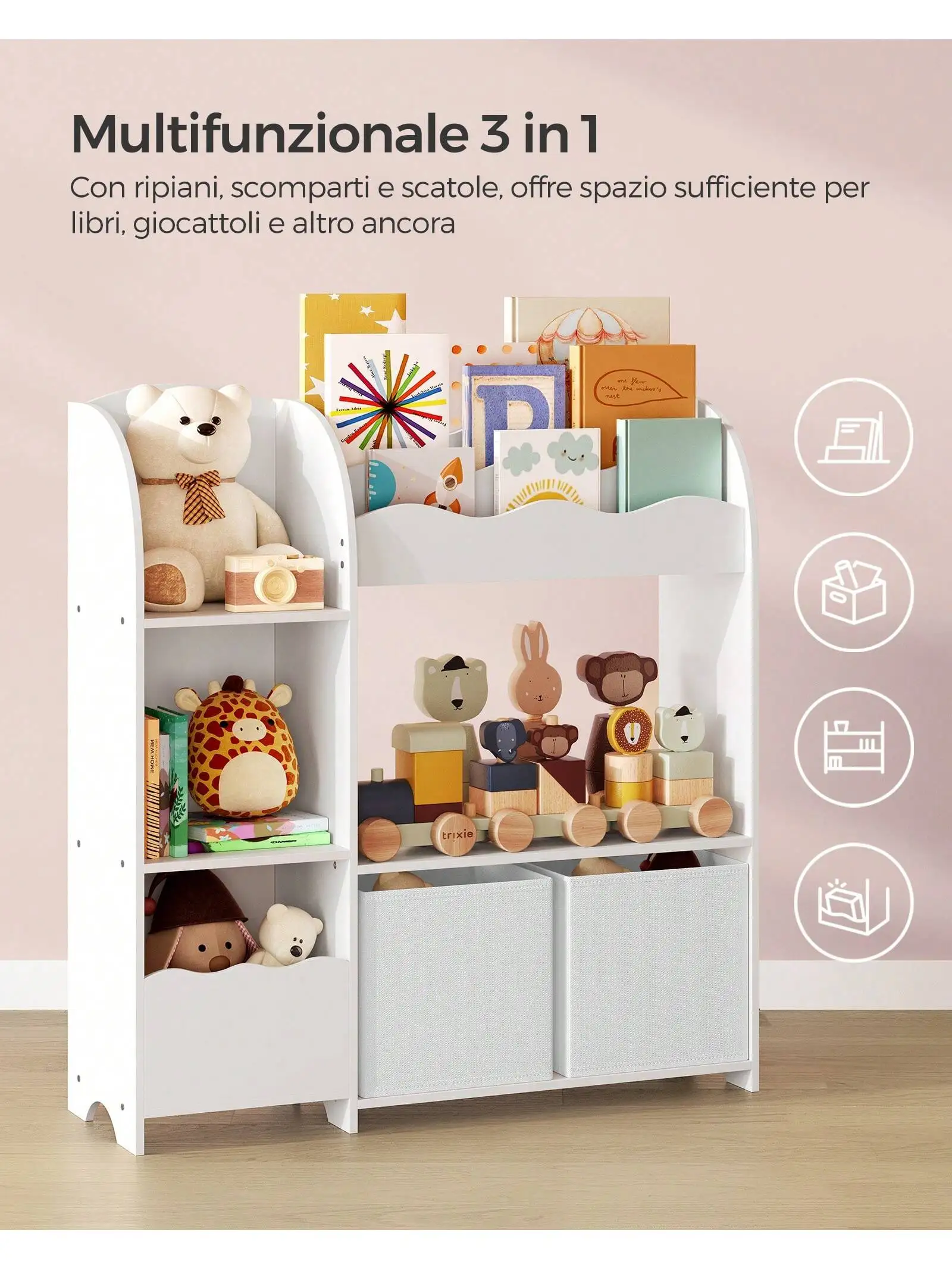 Mensola giocattolo SONGMICS, libreria per bambini, armadio per camera da letto con 2 contenitori per giocattoli, sala giochi, soggiorno, grigio