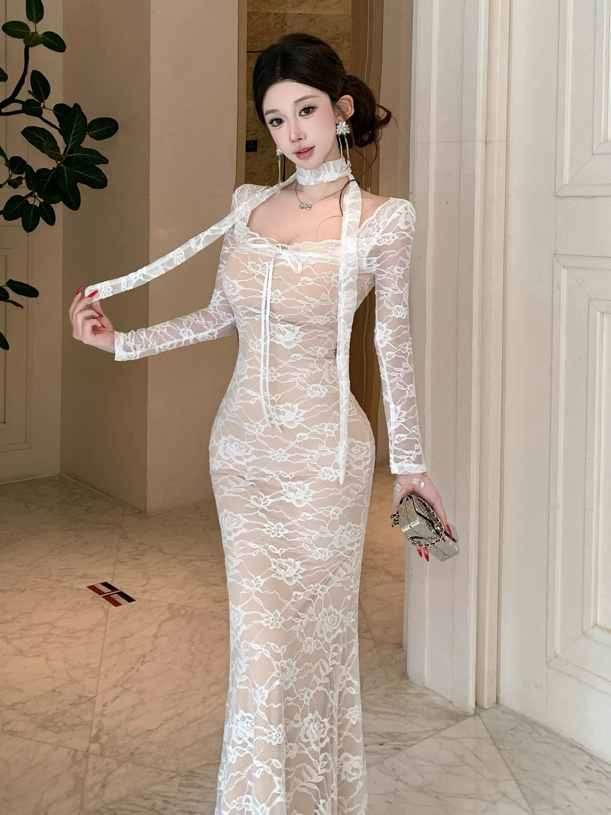 

Ele Long Sve Lace Dr женское осенне-зимнее сексуальное облегающее платье с завязками на талии и высокой талией, приятное для кожи, дышащее...