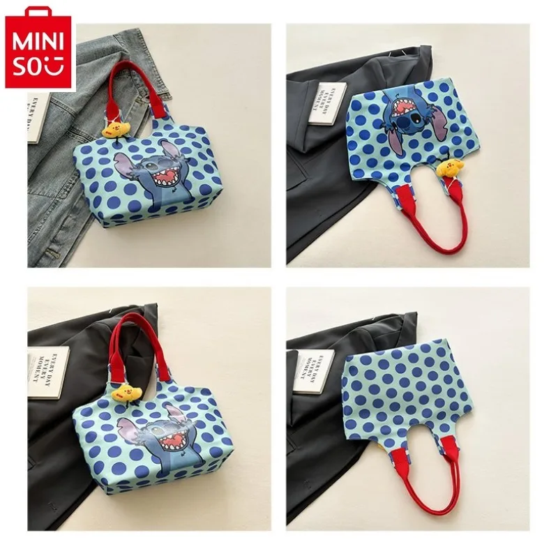 MINISO Disney Cute Stitch Printed High Quality Nylon Large Capacity Storage Bag Student Fashion Casual Commuter Tote Bag