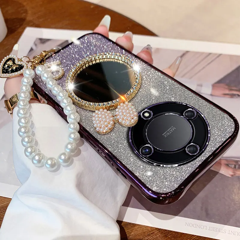 X 9A 9B 5G mignon Bling miroir étui pour Honor 90 70 200 Magic 5 6 4 Lite pro X8 X6 X5Plus couverture chaîne antichoc étui Magic6Lite