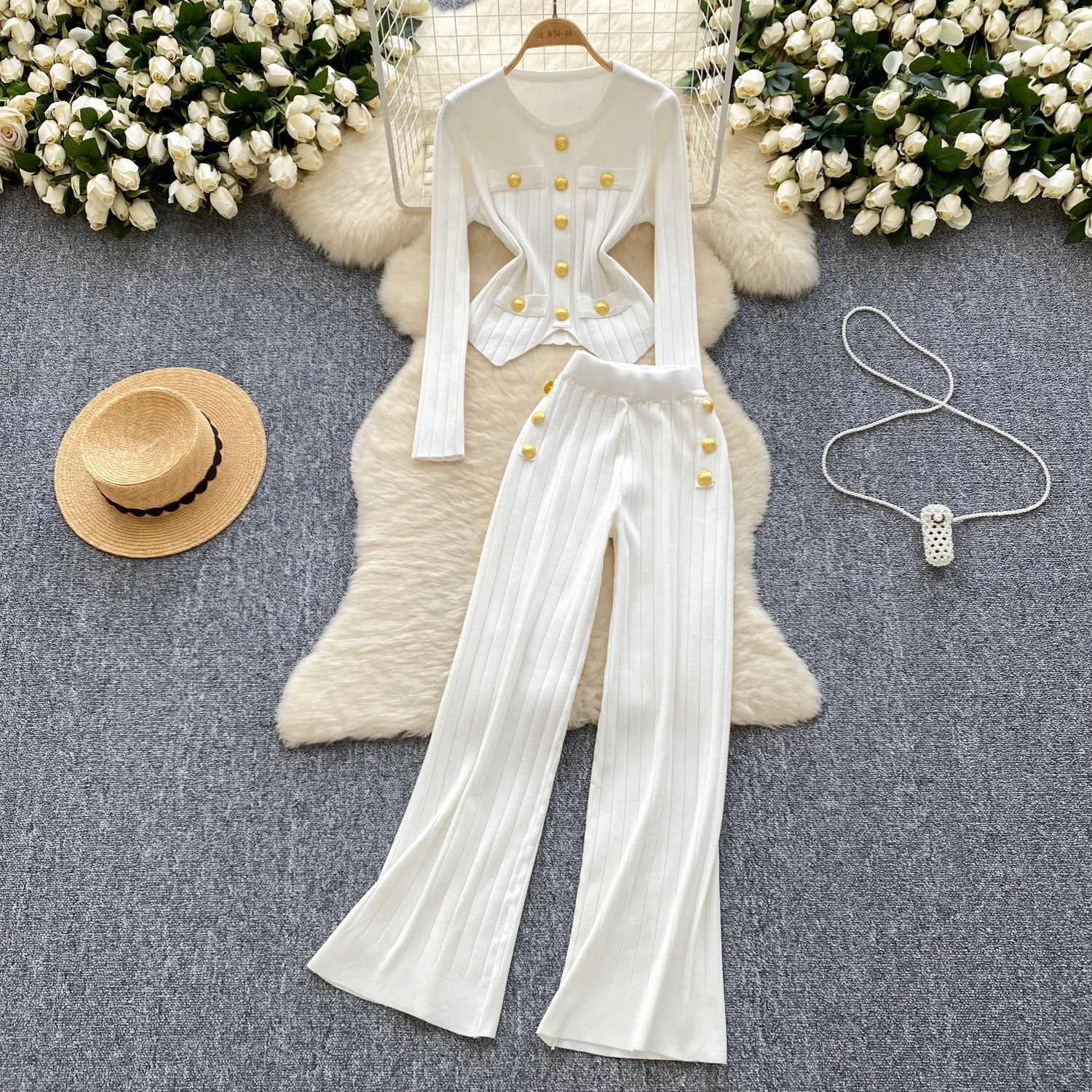 Autumn Elegant Slim Two Pieces Sets Women Metal Buckle O-Neck Sweater High Waist Wide Leg Pants Knitted Sets J414