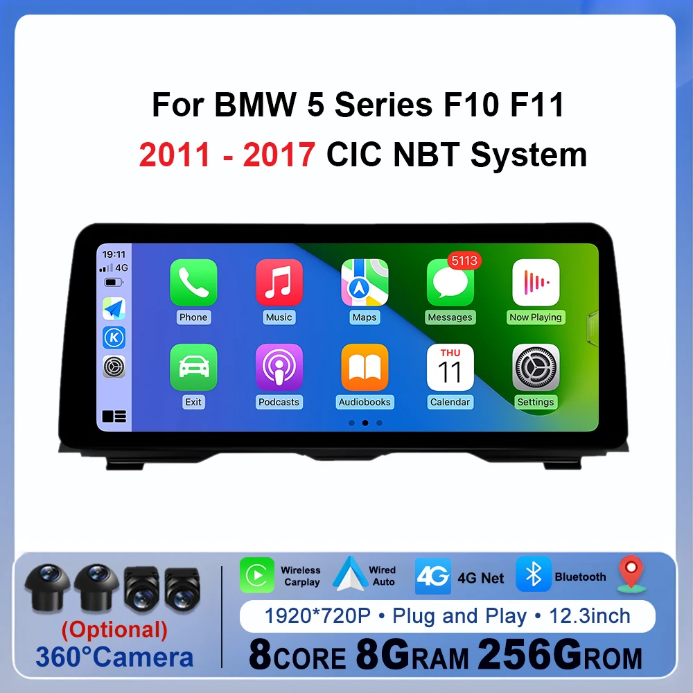 

Wireless Carplay Auto Android 14 Car Multimedia Display Screen 12.3 inch for BMW 5 Series F10 F11 F12 2011 - 2017 GPS WIFI 4G BT