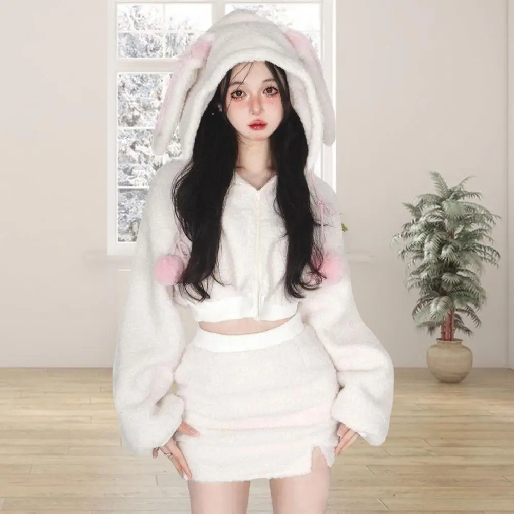 2024 New Fluffy Rabbit Ear Hoodie Coat Women Girl High Waist Bodycon Split Skirts Winter Thicked Warm 2 Pcs Cosplay Party