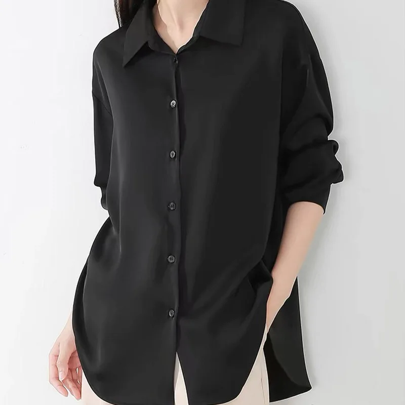 Women Clothing Fashion Solid Chiffon Shirt Autumn New Casual Loose Medium and Long Styles Button Blouse Office Lady Chic Y2k Top