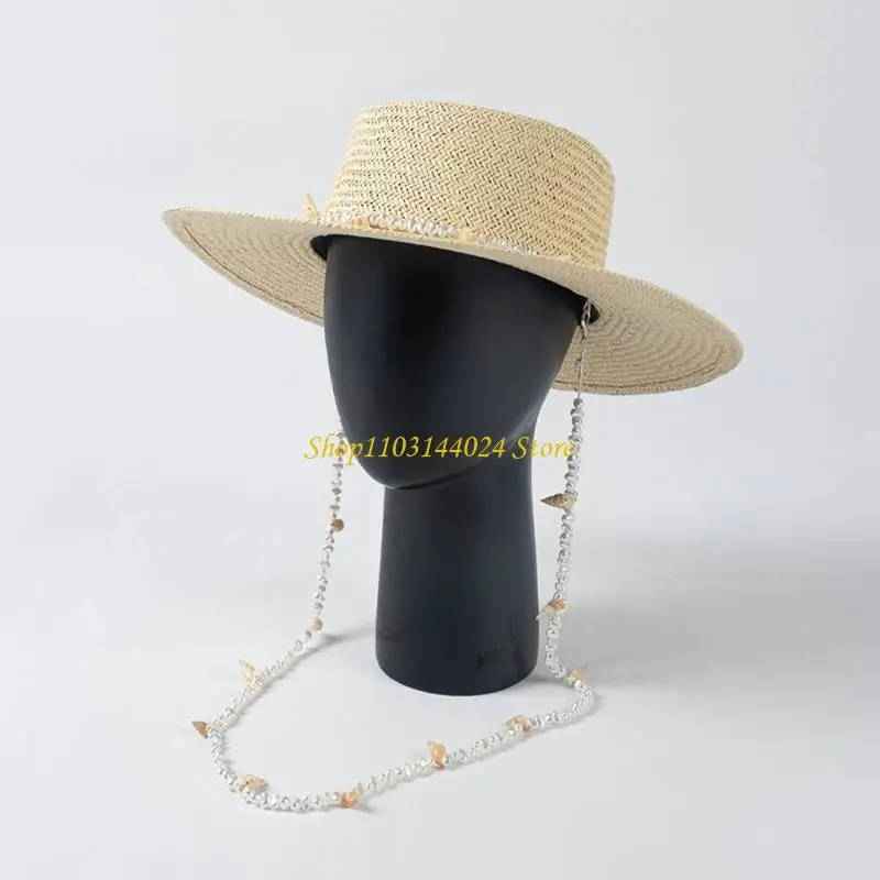 N5KE Straw Sun Hat for Women Fashionable Beaded String 3.3inch Wide Brim UV Protections for Beach Vacation Summer Accessory
