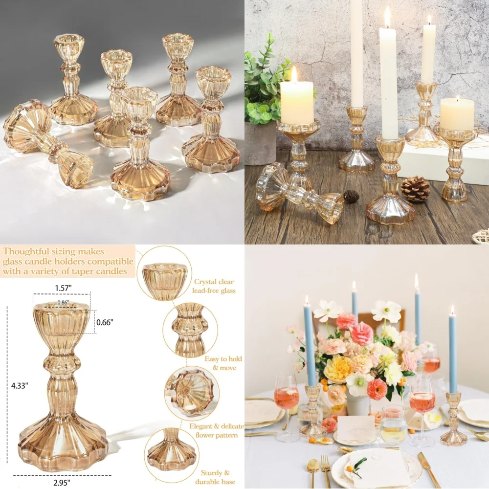 

CandlestickGold Glass Candle Holders 6 Piece Clear Crystal Taper Candlesticks Set for Home Decor Wedding Party Centerpiece