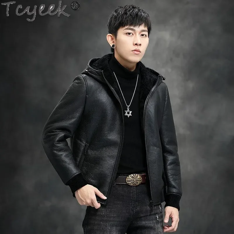 Tcyeek Winter Warm Real Fur Coat Genuine Leather Man Jacket Hooded Natural Sheepskin Fur Jackets Men's Clothing Chaquetas Hombre