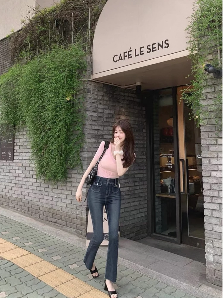 

High Waist Slim Fit Denim Jeans American Waed Frayed Women's Premium Cotton Stretch Blue Jeans Long Leg Proportion