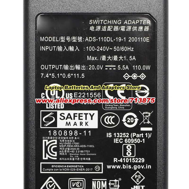 ADS-110DL-19-1 200110E AC Adapter 20V 5.5A 110W for LACIE 1 BIG DOCK THUNDERBOLT 3 2 BIG DOCK THUNDERBOLT 3
