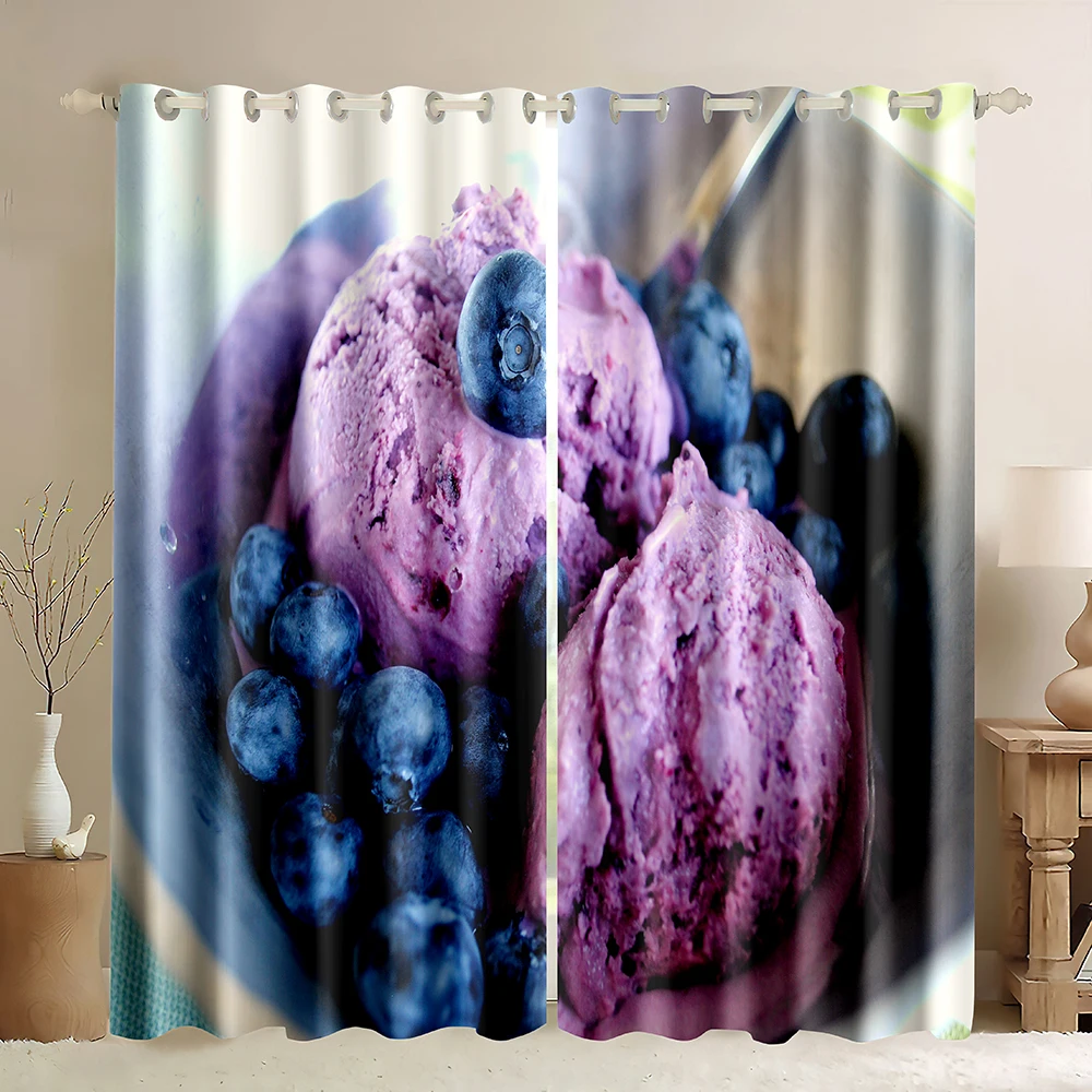 Purple Ice Cream Pattern Blueberry and Raspberry Decor Window Curtain,Food Theme Tasty of Ice Cream Print Blackout Curtains