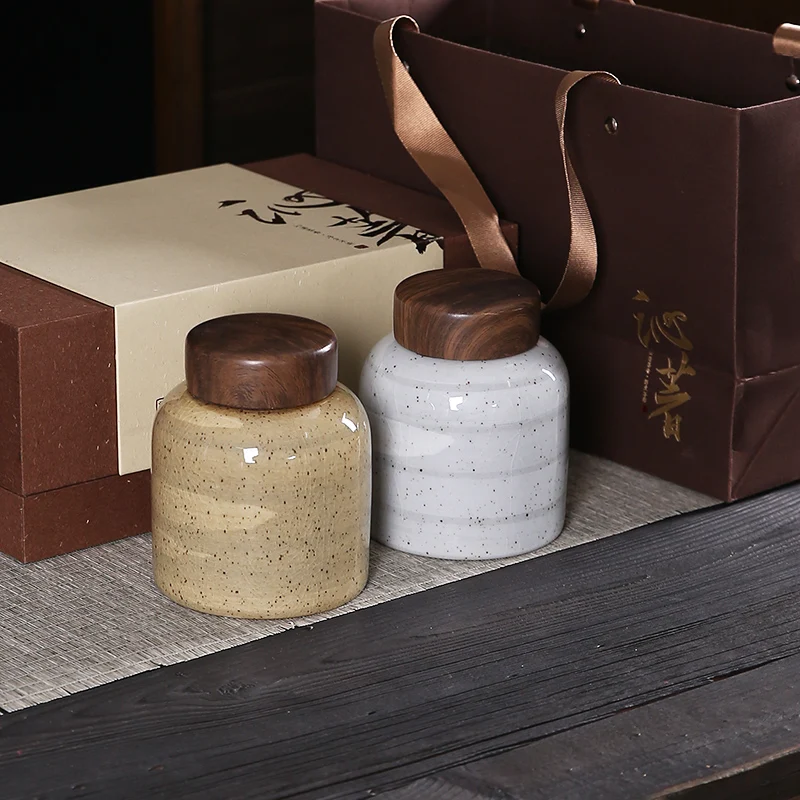 Retro Wooden Lid Ceramic Storage Jar Moisture-proof Sealed Tea Canister Candy Jar Food Storage Container Crafts Home Decoration