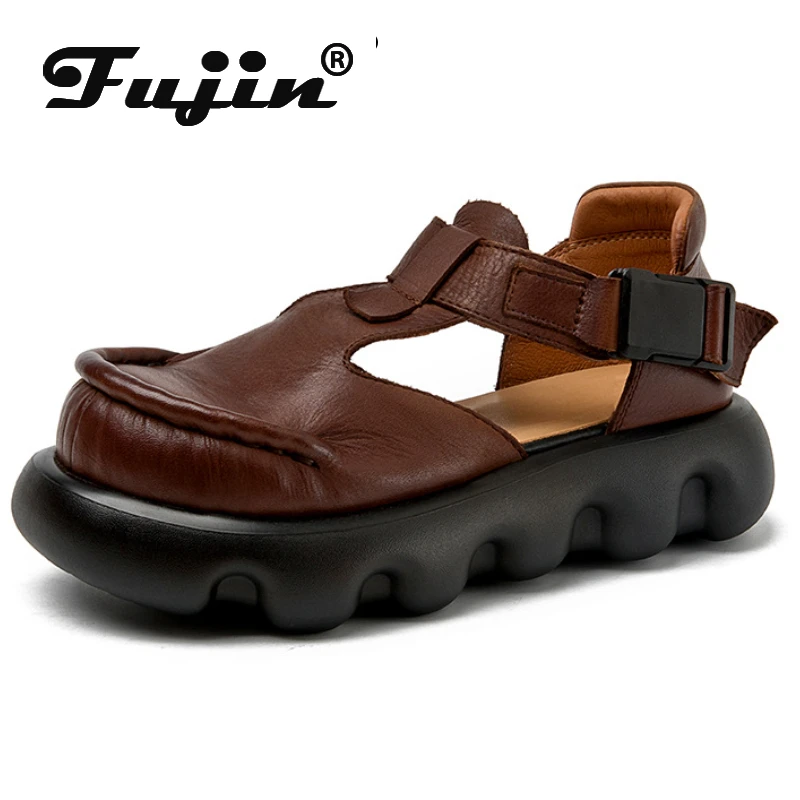 

Fujin 4.5cm Wedge Buckle Summer Fashion Ankle Booties Shoes Ethnic Genuine Leather Mary Jane Round Summer Sandal Women Platform