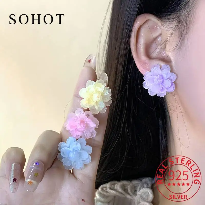 

Real 925 Sterling Silver Colorful Flower Irregular Stud Earrings for Charm Women Cute Minimalist Fine Jewelry Summer Accessories