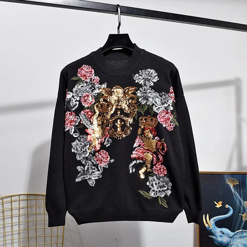 

Модный белый, черный вязаный спортивный костюм, женский пуловер из 2 предметов с блестками и вышивкой, свитер, длинные брюки-карандаш, комплект, женский свободный вязаный костюм