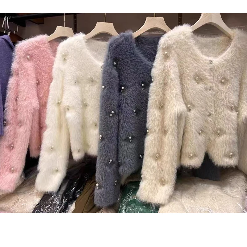 Elegant Korean Fashion Cardigan Imitation Mink Velvet Sweater Women Autumn Winter Bead Short Coats New O Neck Sweet Loose Jacket