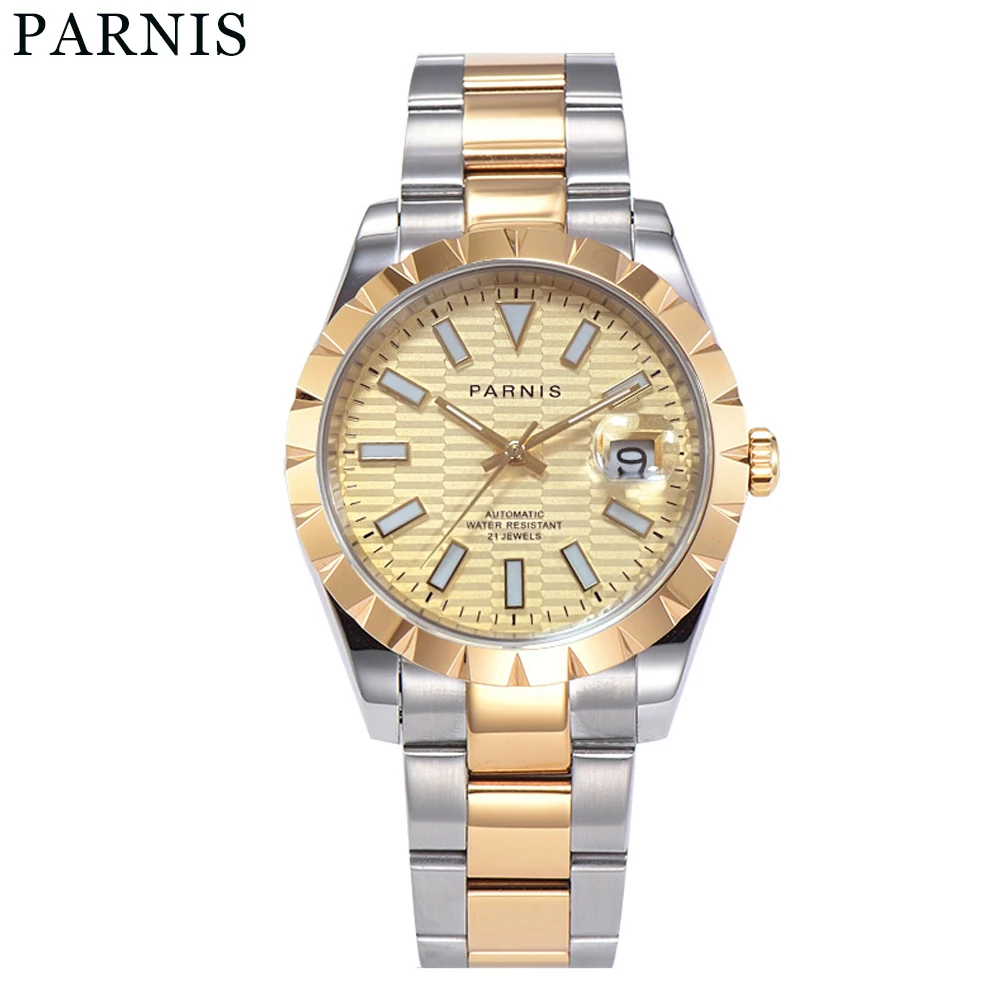 Parnis 39.5mm New Design Gold Color Sapphire Crystal Elegant Luminous Marker Automatic Men Wristwatch