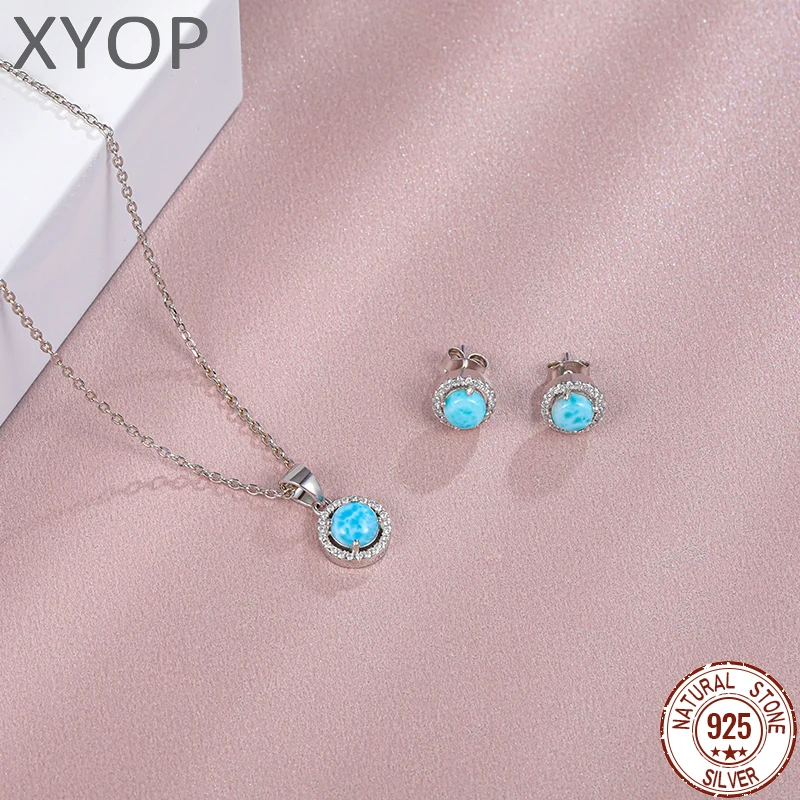 XYOP 925 ze srebra wysokiej próby z cyrkonią biżuteria prezent kwiaty retro natural precious Larimar naszyjnik kolczyki damskie