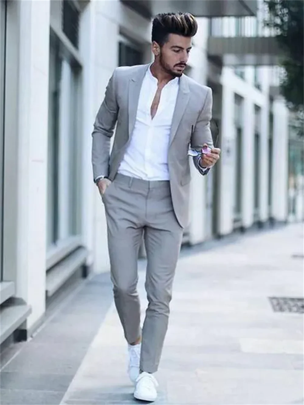 2-Piece Light Grey Men\'s Slim Fit Suits for Wedding Business Notch Lapel One Button Jacket & Trousers Smart Casual Men Suits