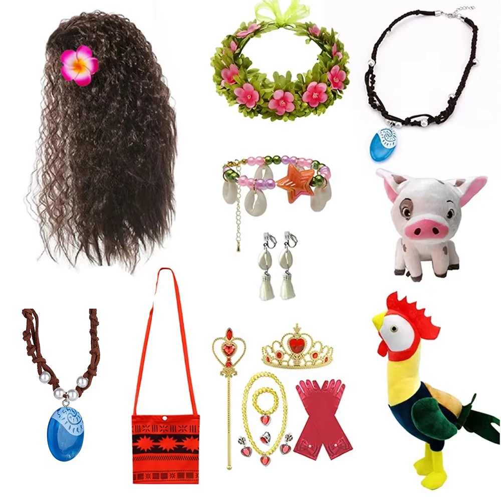 New Moana Vaiana Cosplay Accessory Set Wig Necklace Flower Clip Pig Rooster Props Girls Kids Christmas Birthday Dress Up Gift