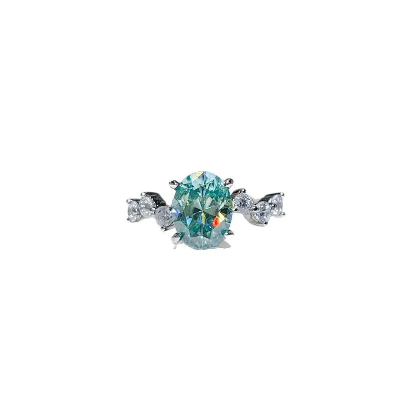 Women Oval Green Moissanite Ring 925 Silver Side Micro Pave Diamond Engagement Promise Ring Elegant Ladies Wedding Jewelry 