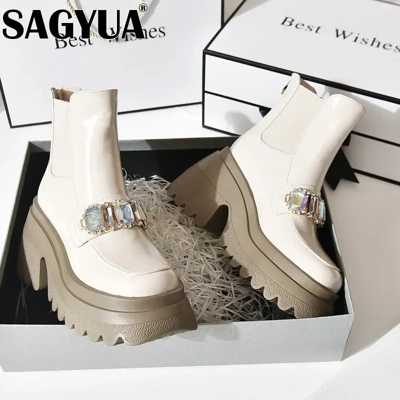 

Luxury Crystal Ankle Boots Women Platform Chelsea High Heels Shoes Chunky 2024 Trend Leather Snow Goth Winter Design Botas Mujer