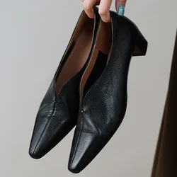 2025 Spring new women's sheepskin slip-on pumps 4cm thick med heel elegant ladies OL style daily dress heeled shoes for woman