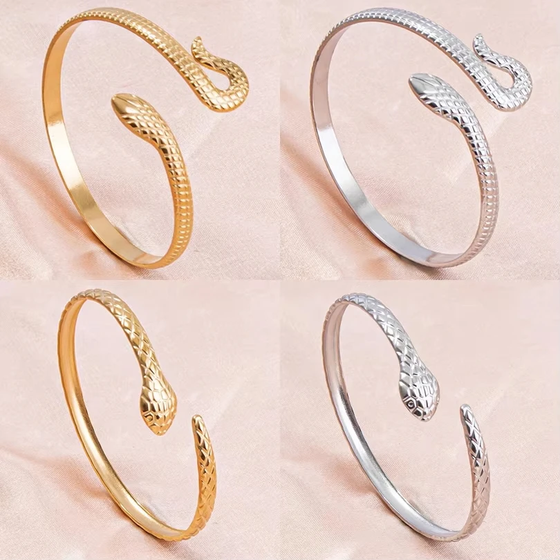 Fashion Simple Snake Shaped Open Cuff Bracelet Handcrafted Punk Stainless Steel Cuff Bangles Women Girls Birthday Jewelry Gifts