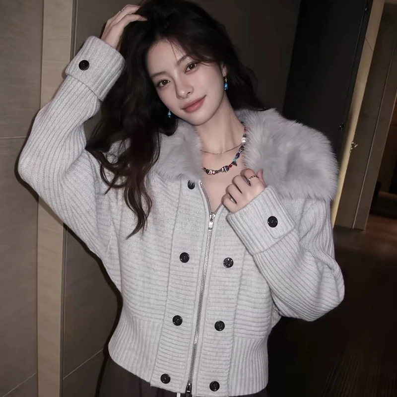 Chic Faux Fur Collar Cardigan Women Fall Winter Batwing Sleeve Loose Zipper Sweater Fashion Casual Cinched Waist Female Outwear