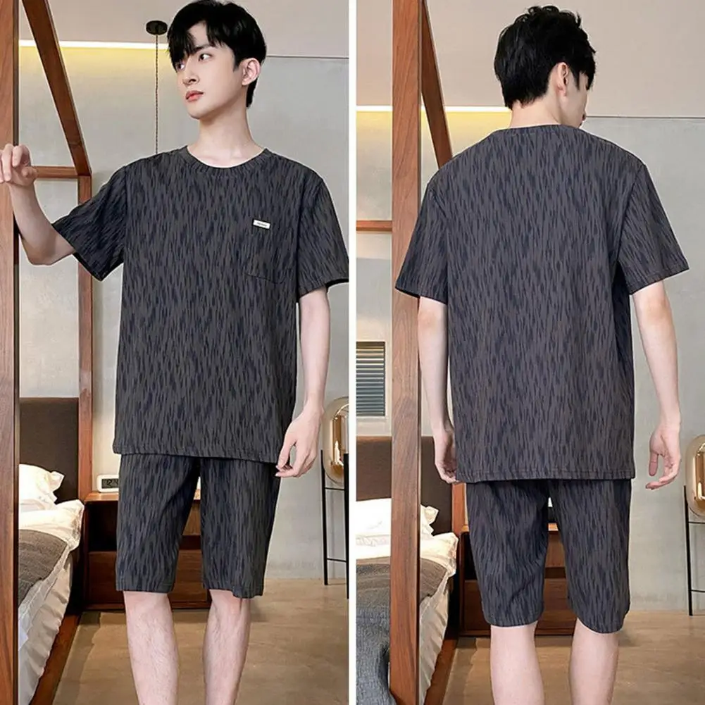 Printing Sleepwear Set Men's Summer Loungewear Set with O-neck Short Sleeve T-shirt Elastic Waist Wide Leg Shorts for Relaxing