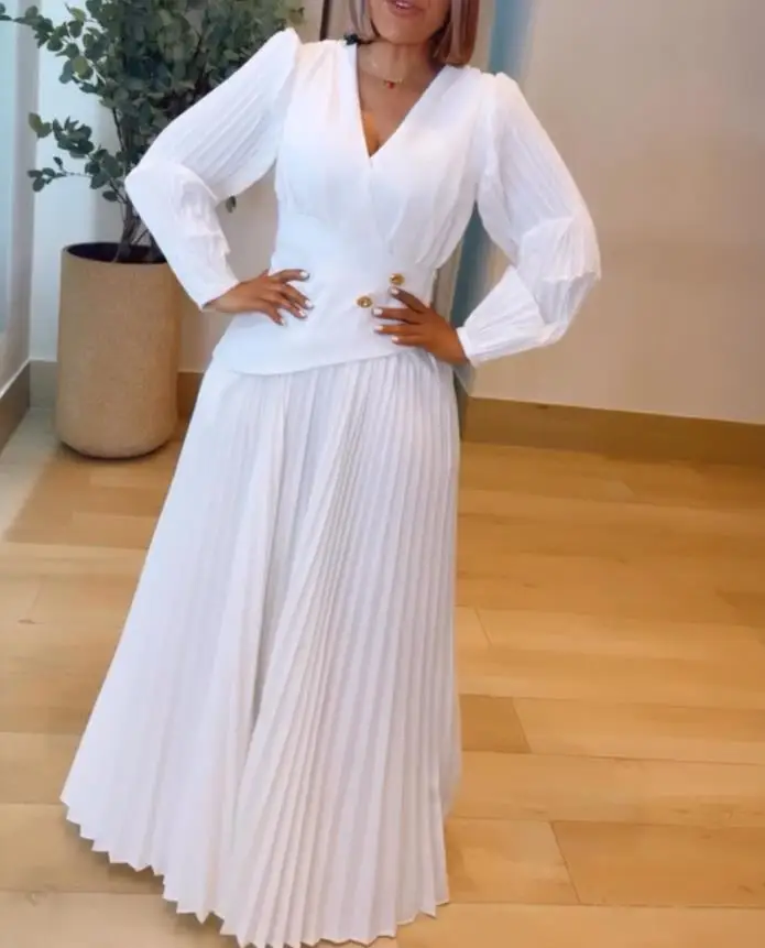 

Button Decoration V-Neck Pleated Bubble Sleeve Zipper Side Party Dress, Elegant Summer Solid Color A-Line Long Sleeved Dress