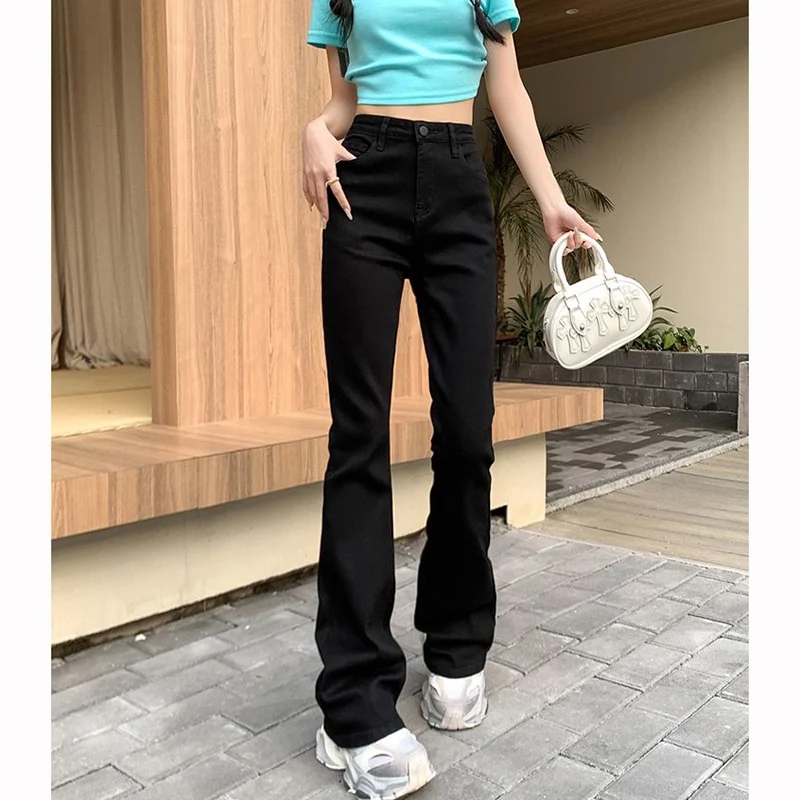 

Women Korean Straight Leg Flared Jeans Lady New Solid High Waist Denim Pants Lady Retro Casual Slim Fit Trousers