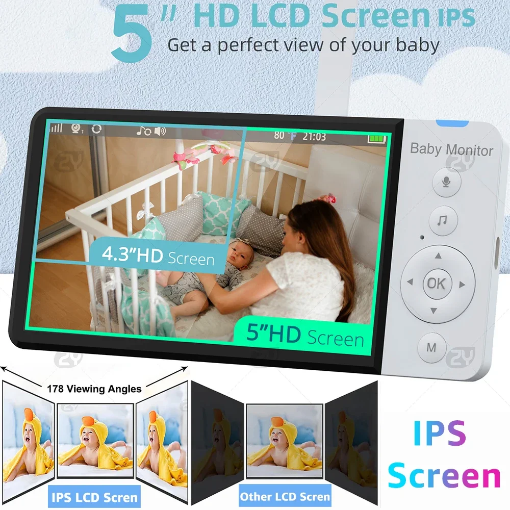 5 Inch Baby Monitor with Pan-Tilt-Zoom Camera 5000mAh Battery IPS Screen 2-Way Talk Night Vision SD Card Record Nanny Monitoring