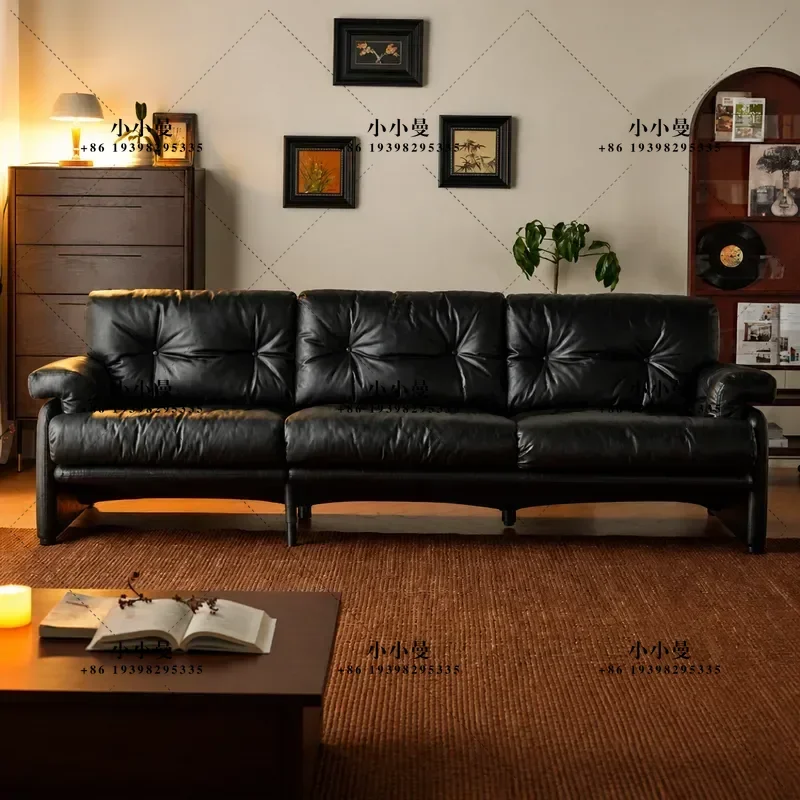 Nordic Black Retro Oil Wax Leather Sofa Small Apartment Living Room Furniture Medieval Style Down Filled Lazy Cube Couch