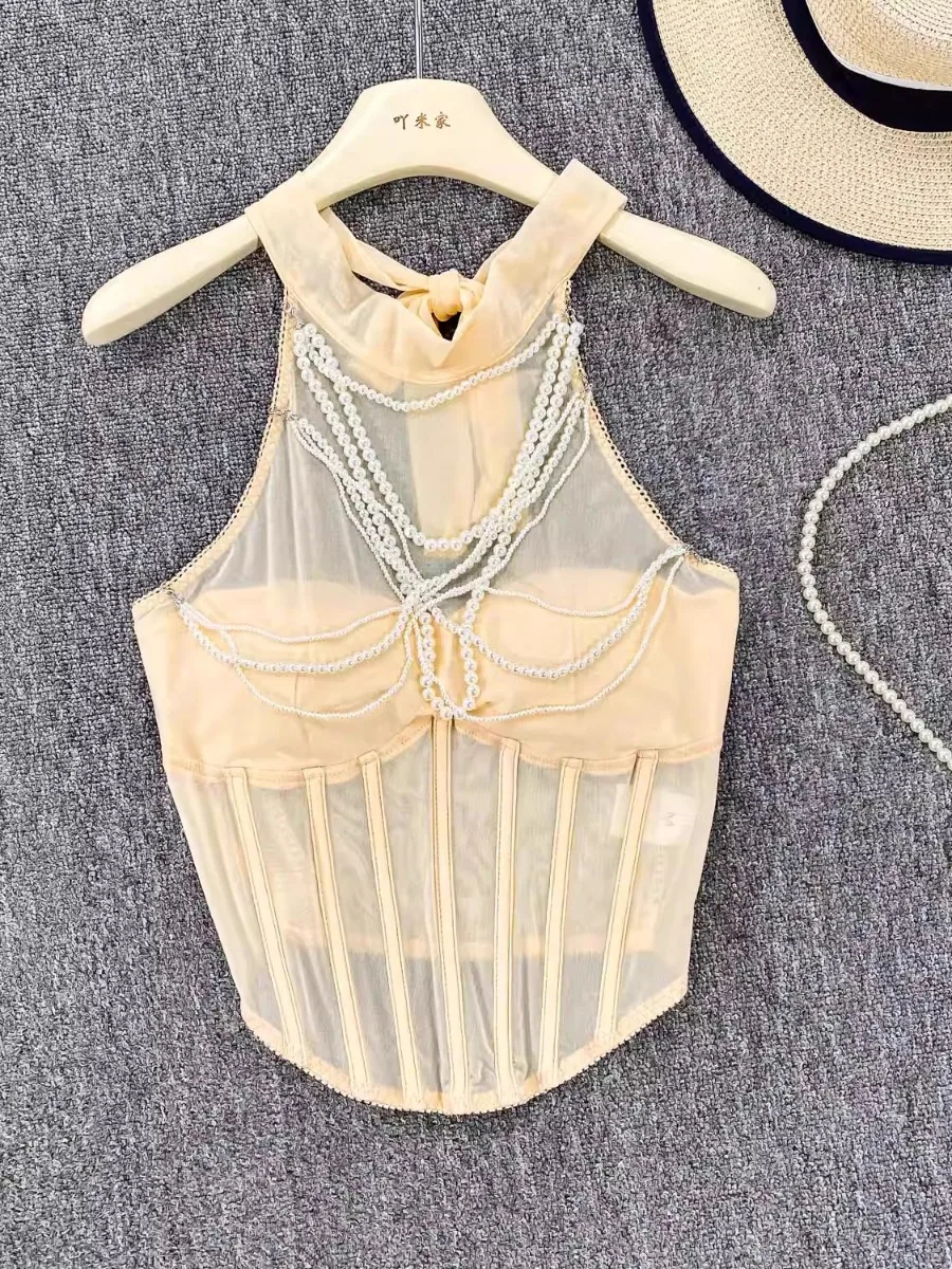 

Foamlina Pearl Chain Patchwork Mesh Sleeveless Halter Vest Women Sexy Fishbone Slim Fit Cropped Top Corset Camis Y2k Street