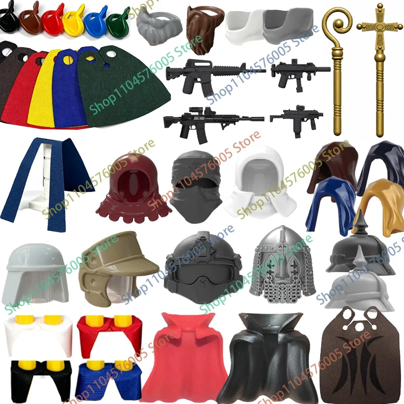 MOC Figures Wearing Accessories Building Blocks Colorful Hooded Cloaks Helmets Mage Headgear Beard Mini Bricks DIY Kids Toys T21