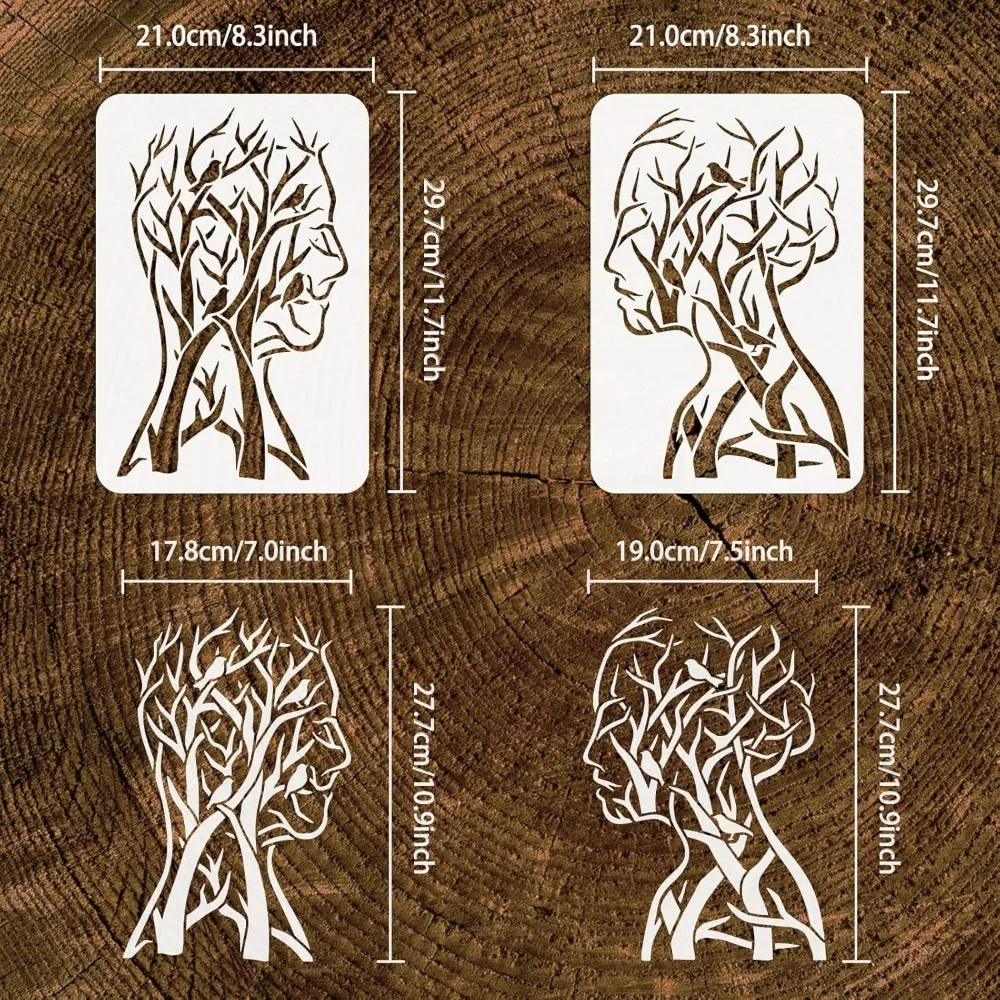 2PCS Tree of Life Stencil 11.7x8.3 inch Man Woman Painting Stencil Branch Bird Craft Stencils Human Shape Tree Stencil