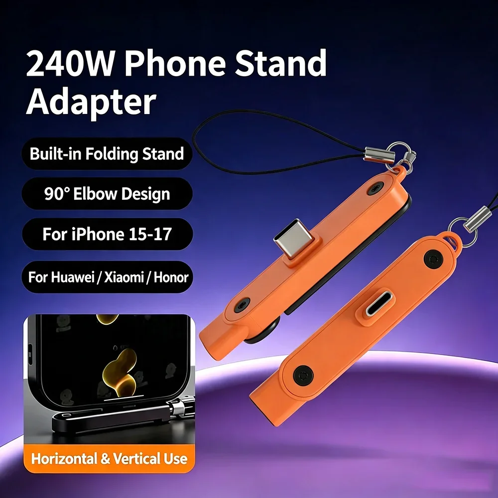 HANNUO Type C Phone Charging Bracket Adapter 240W Fast Charging OTG Type-C Male to USB-C Female Converter With foldable Holder