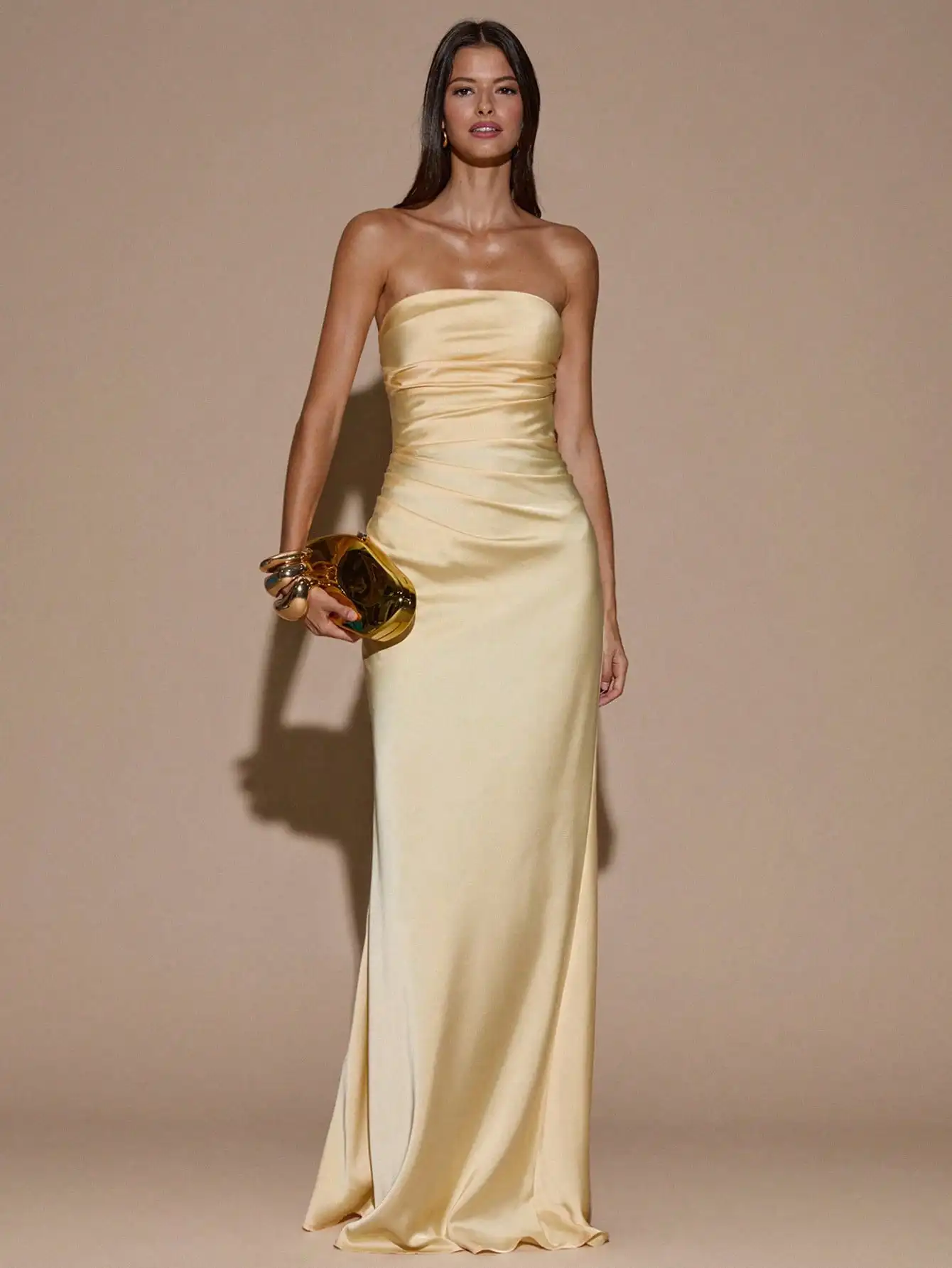 

Elegant Strapless Ruched Satin Maxi Dress in Cream Yellow for Formal Events