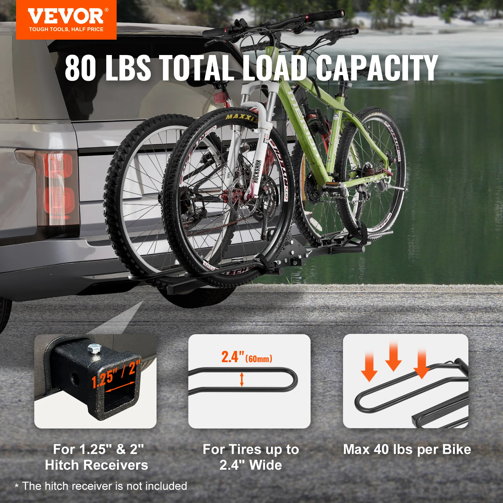 VEVOR 2-Bike Hitch Mount Bike Rack 80 LBS Max Capacity Bike Rack Hitch for 1.25-/2-inch Receiver for Car SUV Truck RV